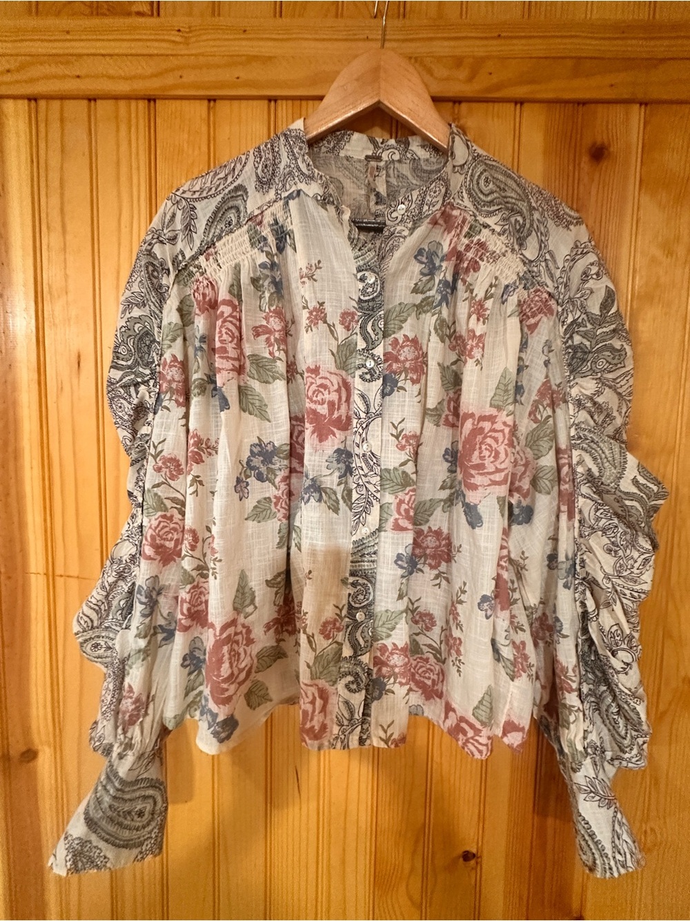 Free People Maraya floral button up cotton shirt puff sleeves beige XS - Picture 2 of 13